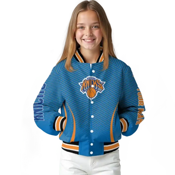 personalized new york knicks chevron arrow blue varsity jacket top rated.webp