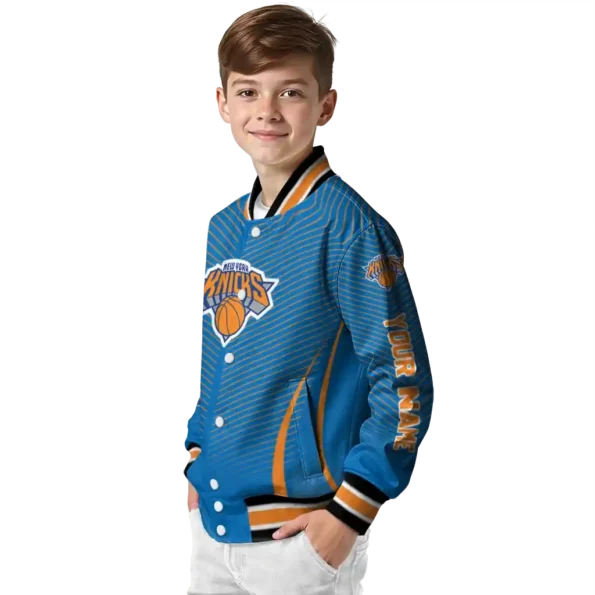 personalized new york knicks chevron arrow blue varsity jacket trendy.webp