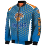 personalized new york knicks hexagon grid blue bomber jacket best selling