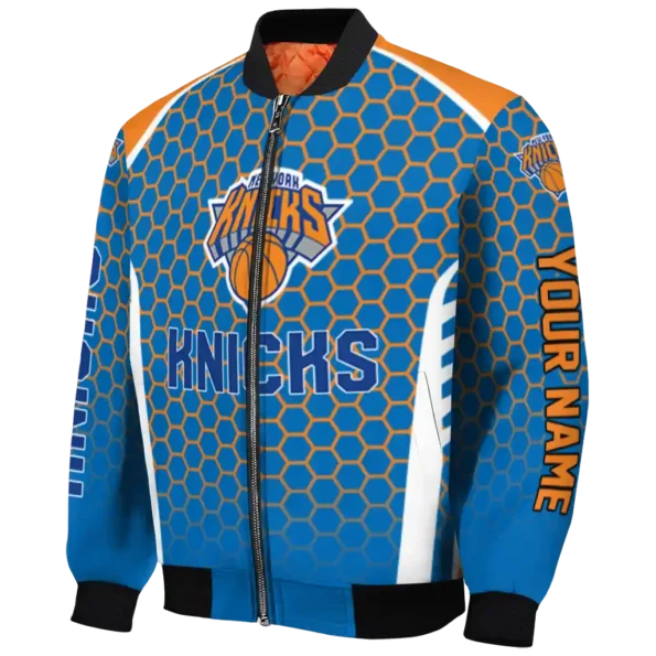 personalized new york knicks hexagon grid blue bomber jacket best selling