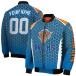 personalized new york knicks hexagon grid blue bomber jacket best selling