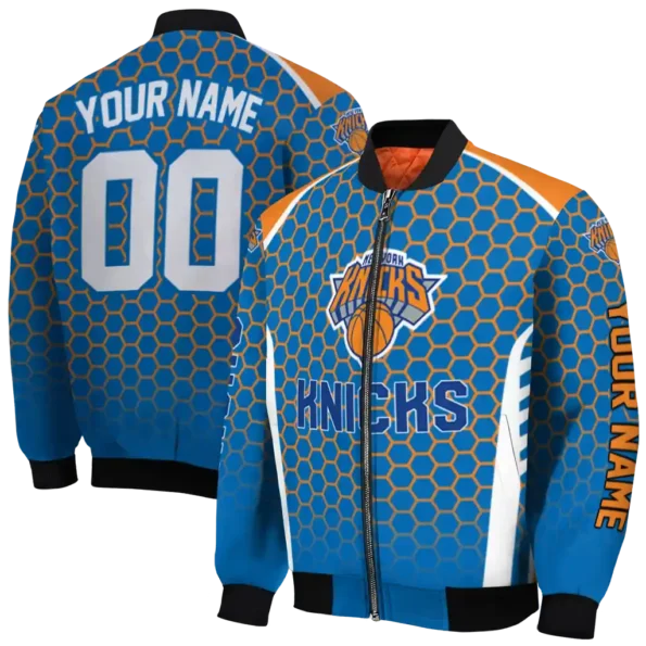 personalized new york knicks hexagon grid blue bomber jacket fashion forward