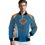 personalized new york knicks hexagon grid blue bomber jacket best selling