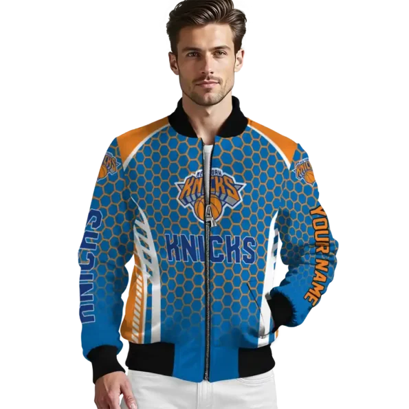 personalized new york knicks hexagon grid blue bomber jacket high quality