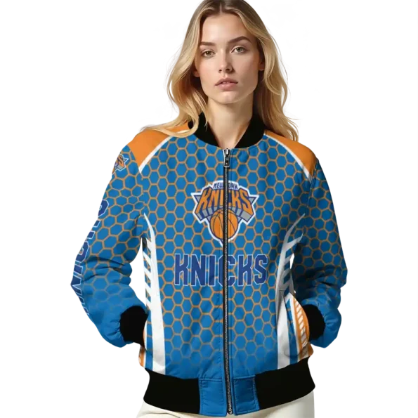personalized new york knicks hexagon grid blue bomber jacket latest model