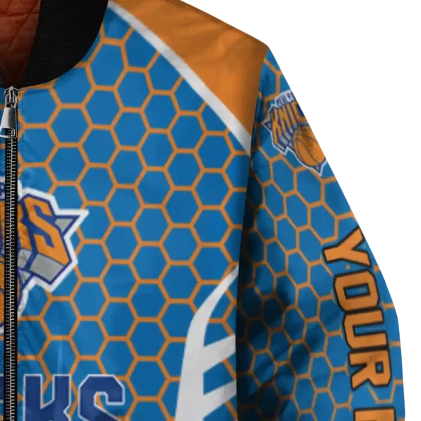 personalized new york knicks hexagon grid blue bomber jacket premium grade