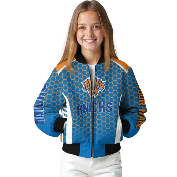 personalized new york knicks hexagon grid blue bomber jacket top rated