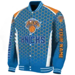 personalized new york knicks hexagon grid blue varsity jacket best selling.webp