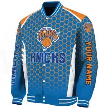 personalized new york knicks hexagon grid blue varsity jacket best selling.webp