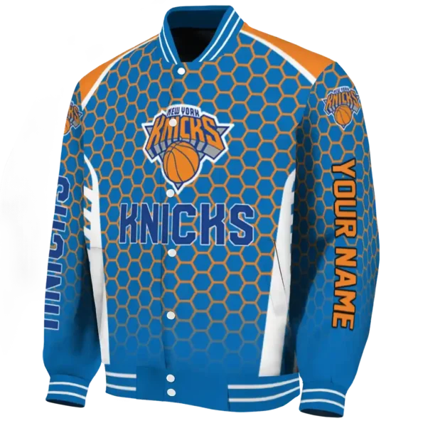 personalized new york knicks hexagon grid blue varsity jacket best selling.webp
