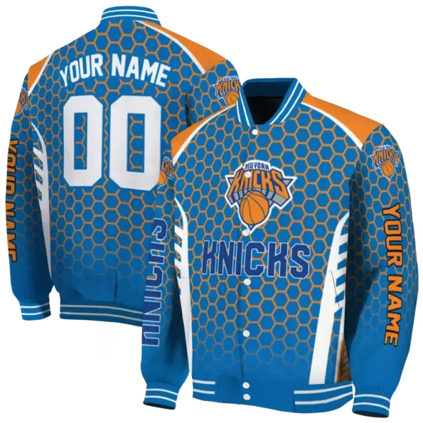 personalized new york knicks hexagon grid blue varsity jacket fashion forward.webp