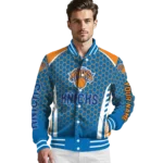 personalized new york knicks hexagon grid blue varsity jacket best selling.webp