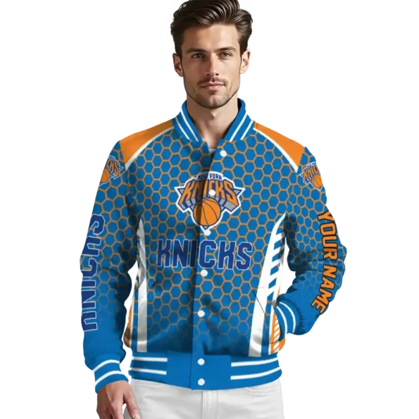 personalized new york knicks hexagon grid blue varsity jacket high quality.webp