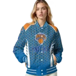 personalized new york knicks hexagon grid blue varsity jacket best selling.webp