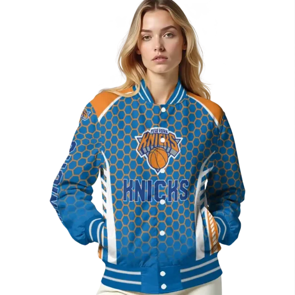 personalized new york knicks hexagon grid blue varsity jacket latest model.webp