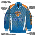 personalized new york knicks hexagon grid blue varsity jacket best selling.webp