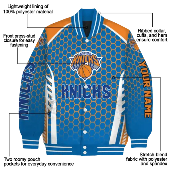 personalized new york knicks hexagon grid blue varsity jacket new arrival.webp