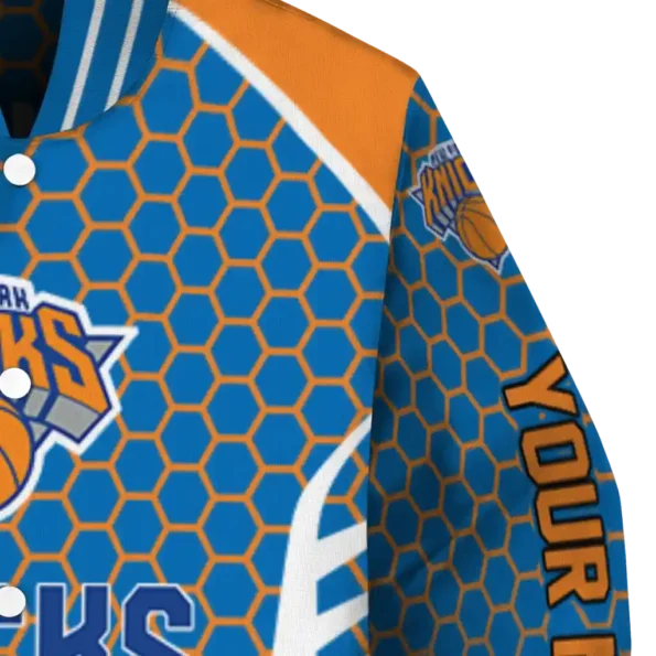 personalized new york knicks hexagon grid blue varsity jacket premium grade.webp