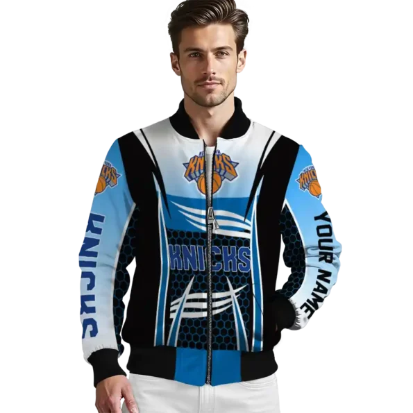 personalized new york knicks mesh effect blue black bomber jacket high quality