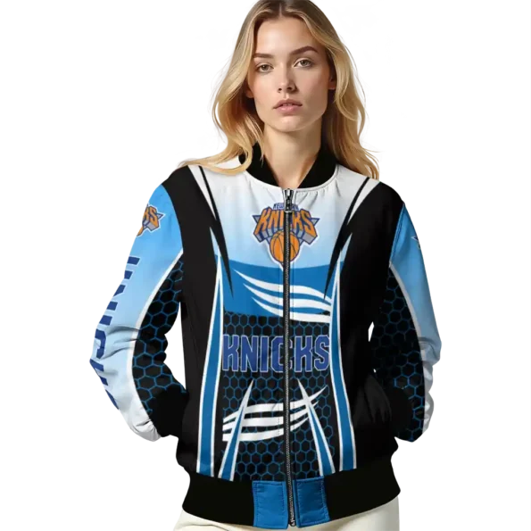 personalized new york knicks mesh effect blue black bomber jacket latest model