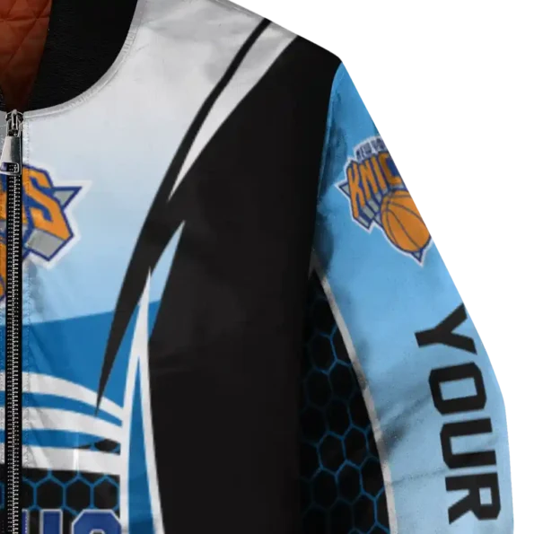personalized new york knicks mesh effect blue black bomber jacket premium grade