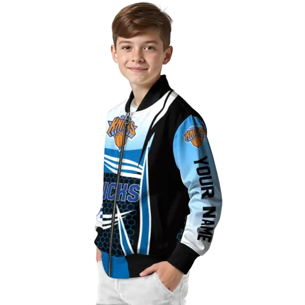 personalized new york knicks mesh effect blue black bomber jacket trendy