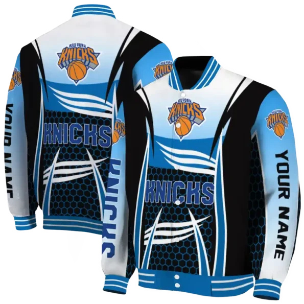 personalized new york knicks mesh effect blue black varsity jacket fashion forward.webp