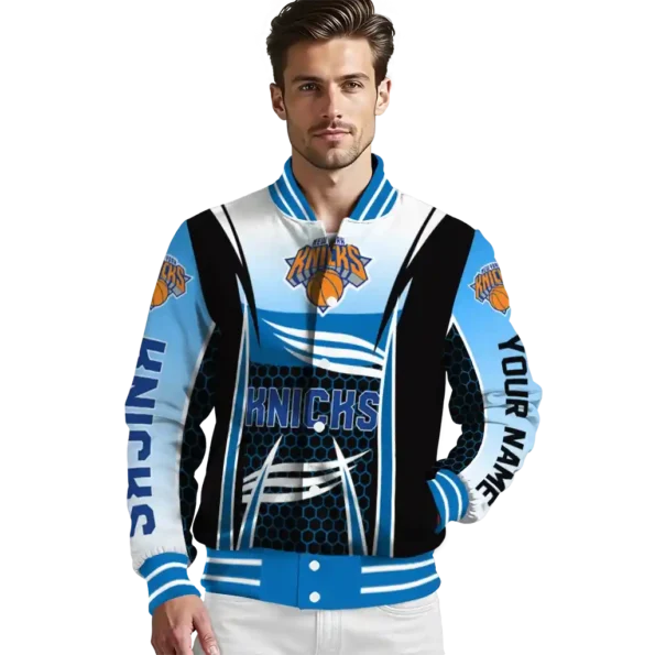personalized new york knicks mesh effect blue black varsity jacket high quality.webp