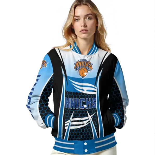 personalized new york knicks mesh effect blue black varsity jacket latest model.webp