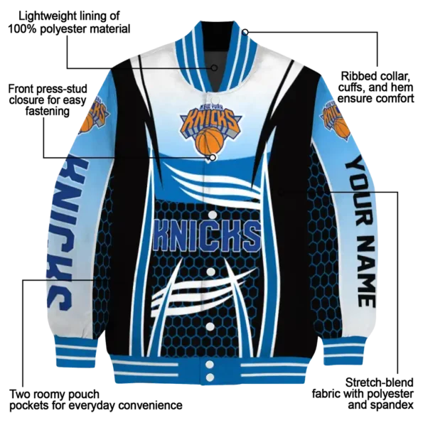 personalized new york knicks mesh effect blue black varsity jacket new arrival.webp
