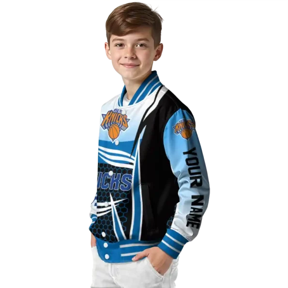 personalized new york knicks mesh effect blue black varsity jacket trendy.webp
