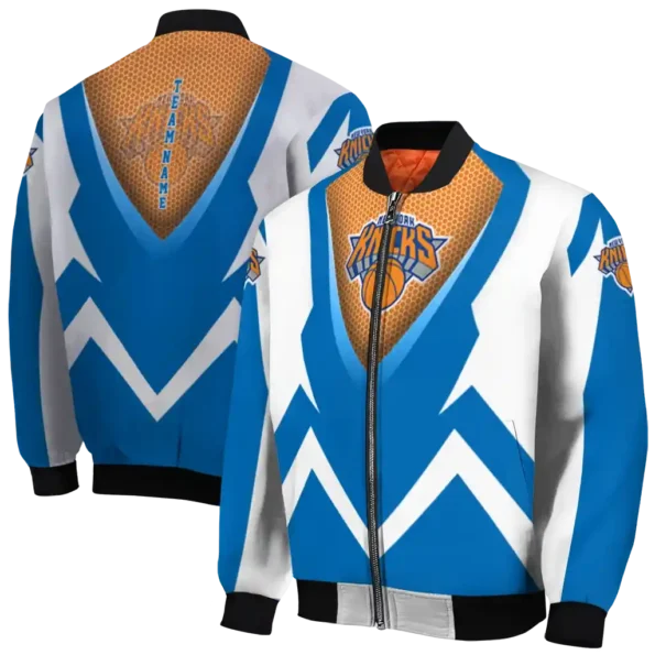 personalized new york knicks v stripes blue white bomber jacket fashion forward