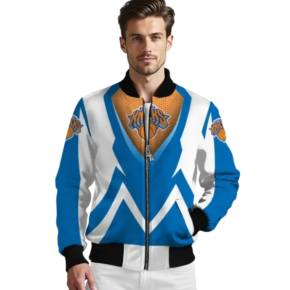 personalized new york knicks v stripes blue white bomber jacket high quality