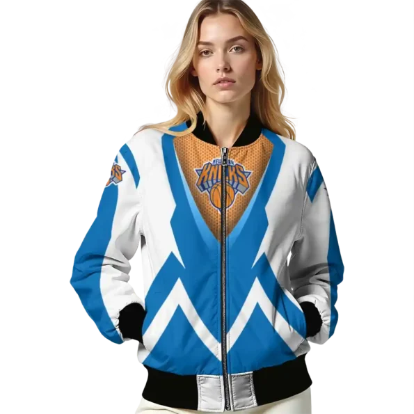 personalized new york knicks v stripes blue white bomber jacket latest model