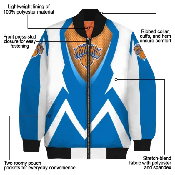 personalized new york knicks v stripes blue white bomber jacket new arrival