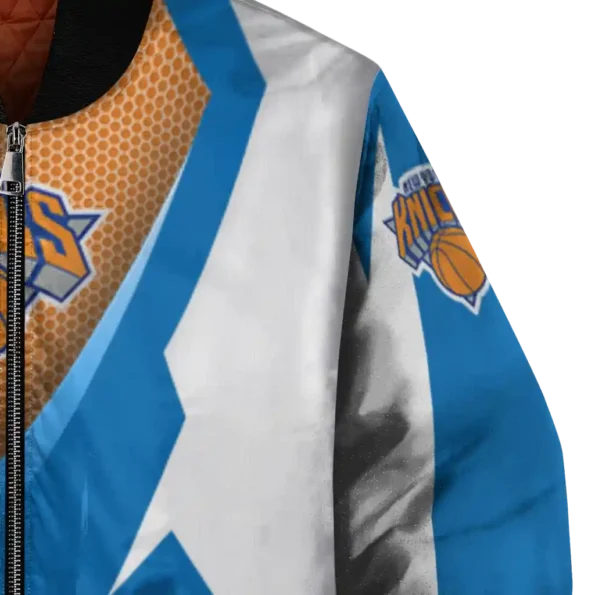 personalized new york knicks v stripes blue white bomber jacket premium grade