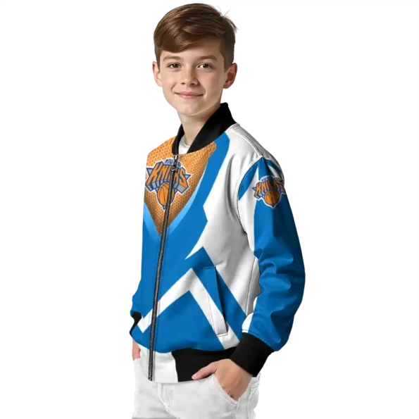 personalized new york knicks v stripes blue white bomber jacket trendy