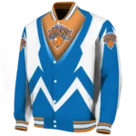 personalized new york knicks v stripes blue white varsity jacket best selling.webp