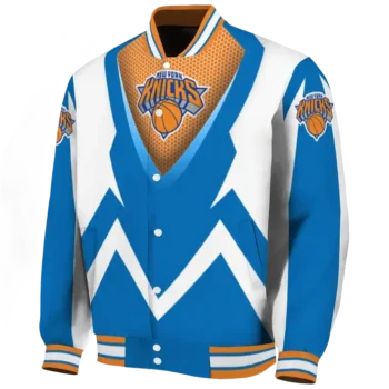 personalized new york knicks v stripes blue white varsity jacket best selling.webp