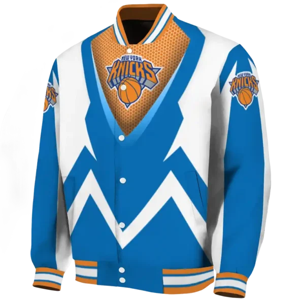 personalized new york knicks v stripes blue white varsity jacket best selling.webp