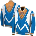 personalized new york knicks v stripes blue white varsity jacket best selling.webp