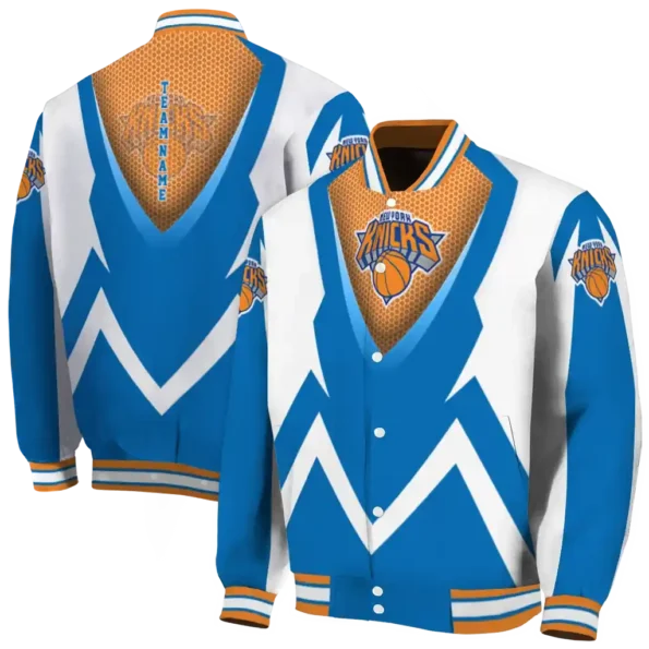 personalized new york knicks v stripes blue white varsity jacket fashion forward.webp