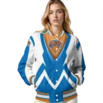 personalized new york knicks v stripes blue white varsity jacket best selling.webp