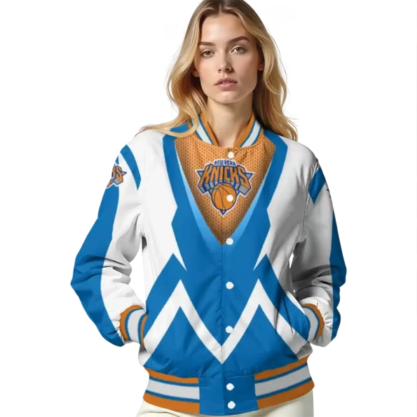 personalized new york knicks v stripes blue white varsity jacket latest model.webp