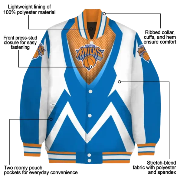 personalized new york knicks v stripes blue white varsity jacket new arrival.webp