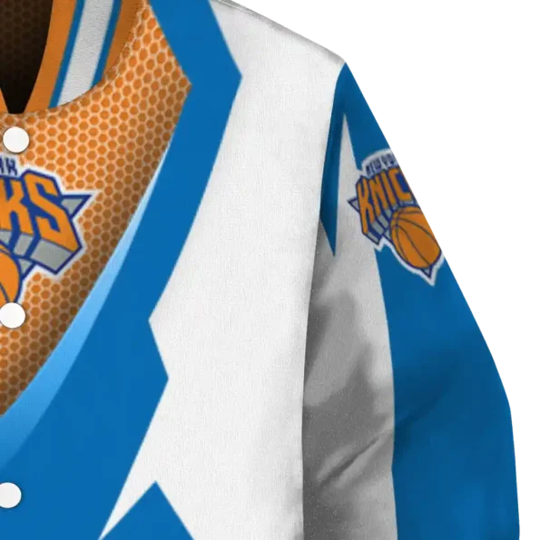 personalized new york knicks v stripes blue white varsity jacket premium grade.webp