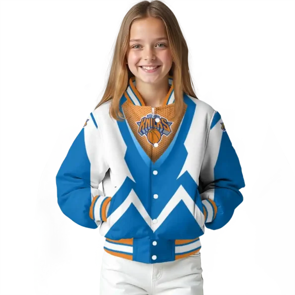 personalized new york knicks v stripes blue white varsity jacket top rated.webp