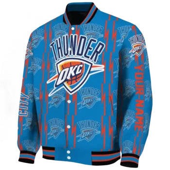 personalized oklahoma city thunder bolt stripe blue varsity jacket best selling.webp