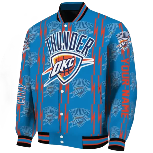 personalized oklahoma city thunder bolt stripe blue varsity jacket best selling.webp