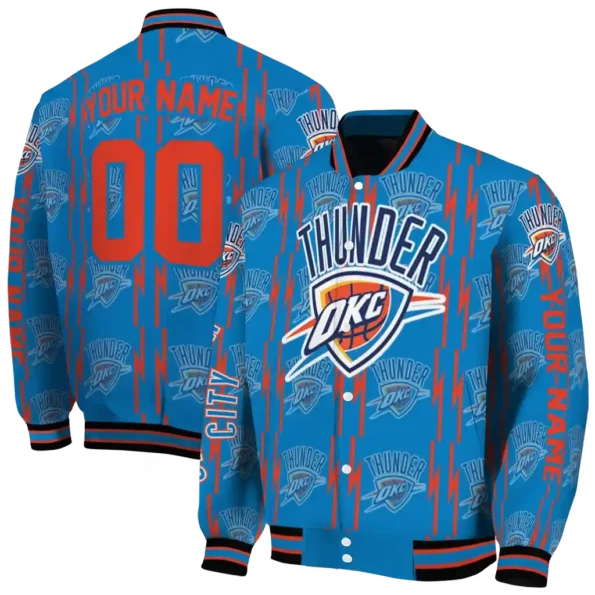 personalized oklahoma city thunder bolt stripe blue varsity jacket fashion forward.webp